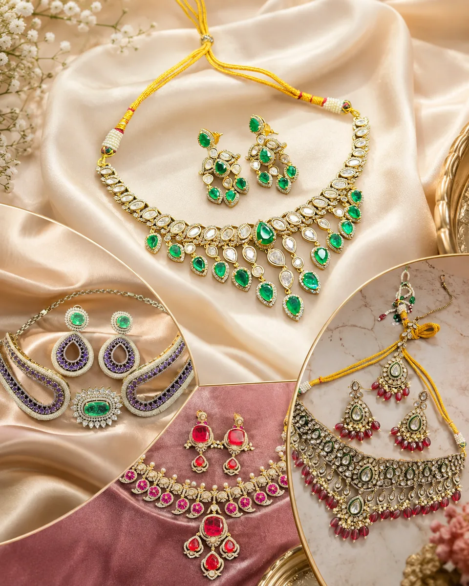 Emerald, ruby, and amethyst jewelry arranged on champagne satin