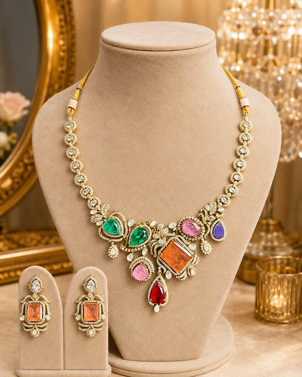 Multicolor statement necklace and earrings on a velvet jewelry display