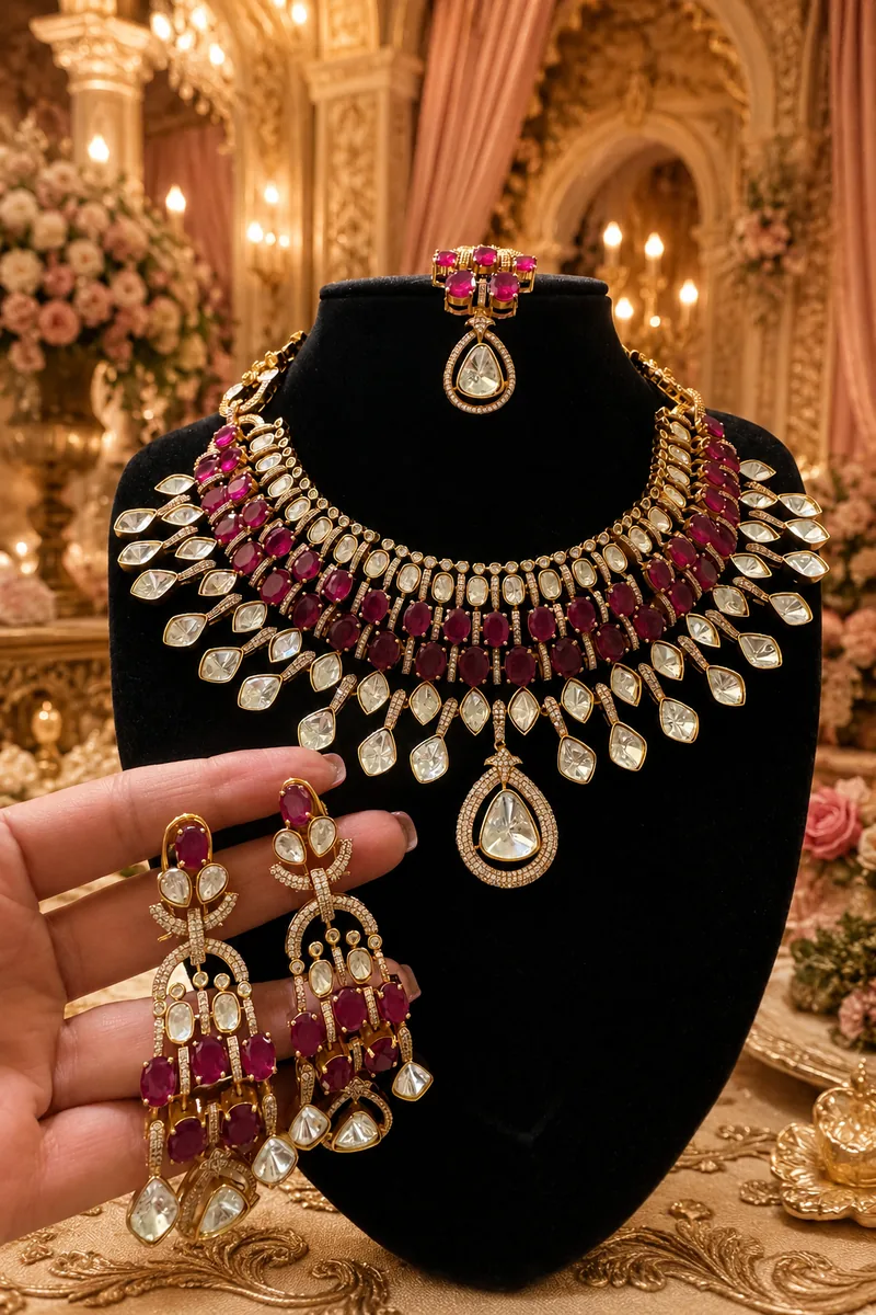 Ruby and kundan necklace set presented on black velvet