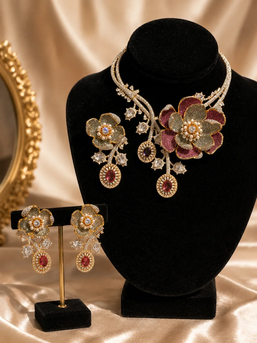 Floral gold-tone necklace and earrings with ruby accents