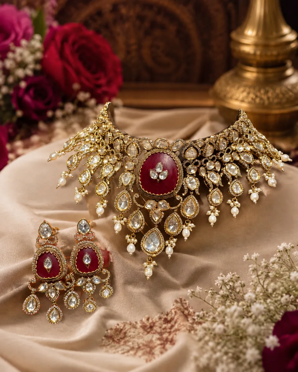 Ruby and pearl kundan choker set on champagne fabric
