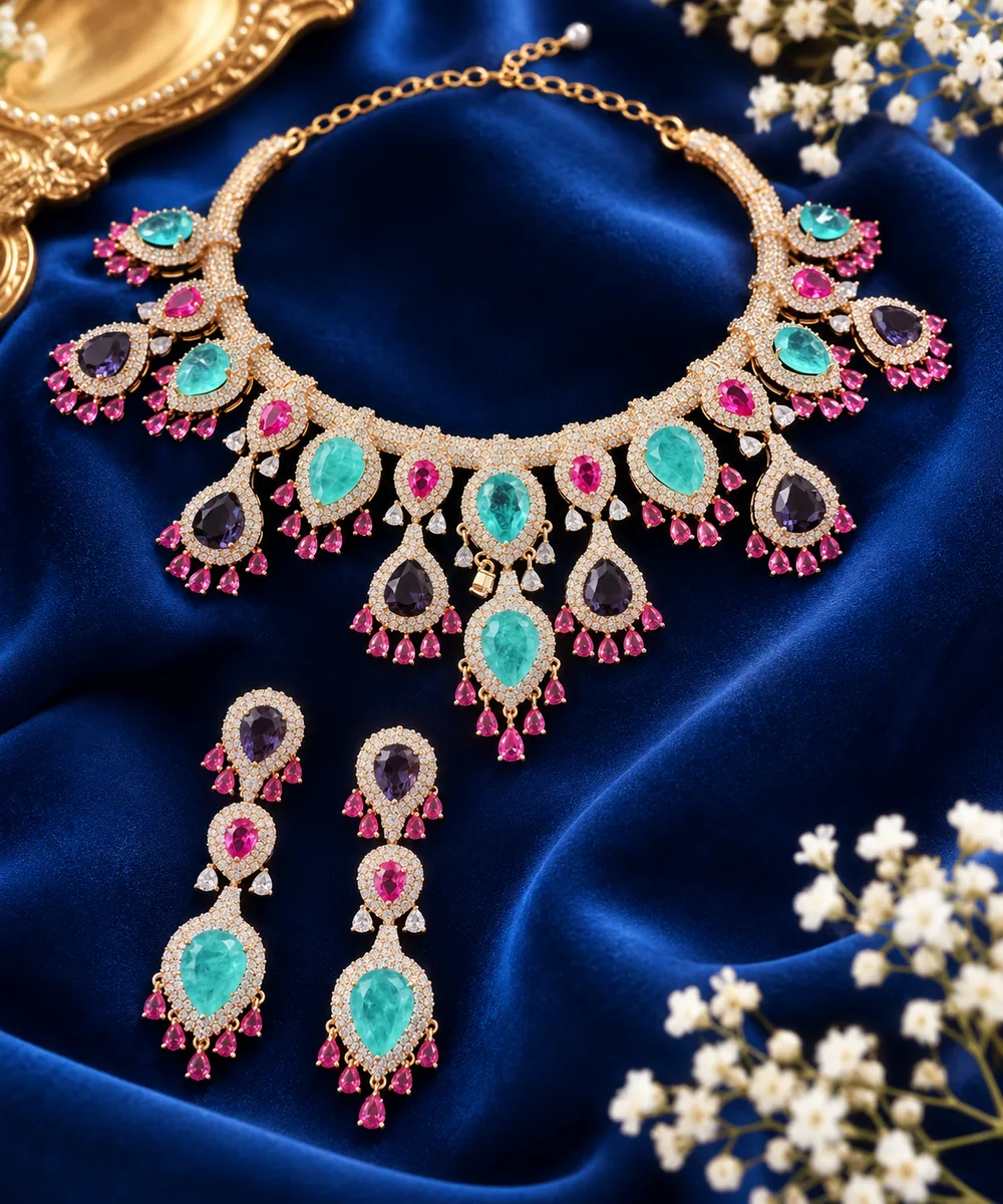 Turquoise, pink, and amethyst necklace set on royal blue velvet