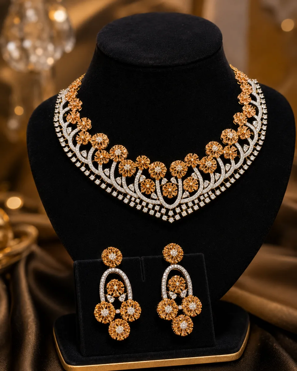 Gold floral necklace and earrings on black velvet