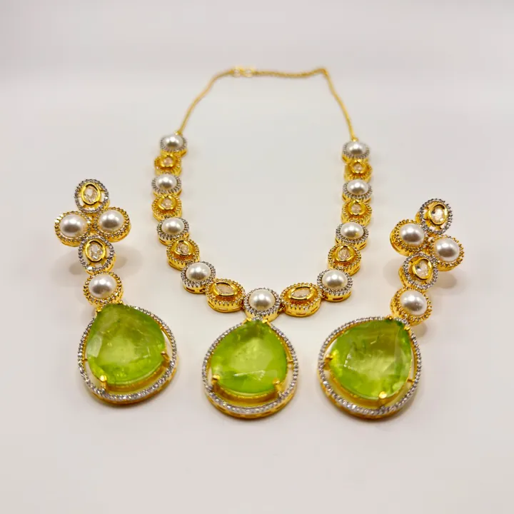 Green Gold American Diamond Doublet Necklace Set from Desi Girl Gems