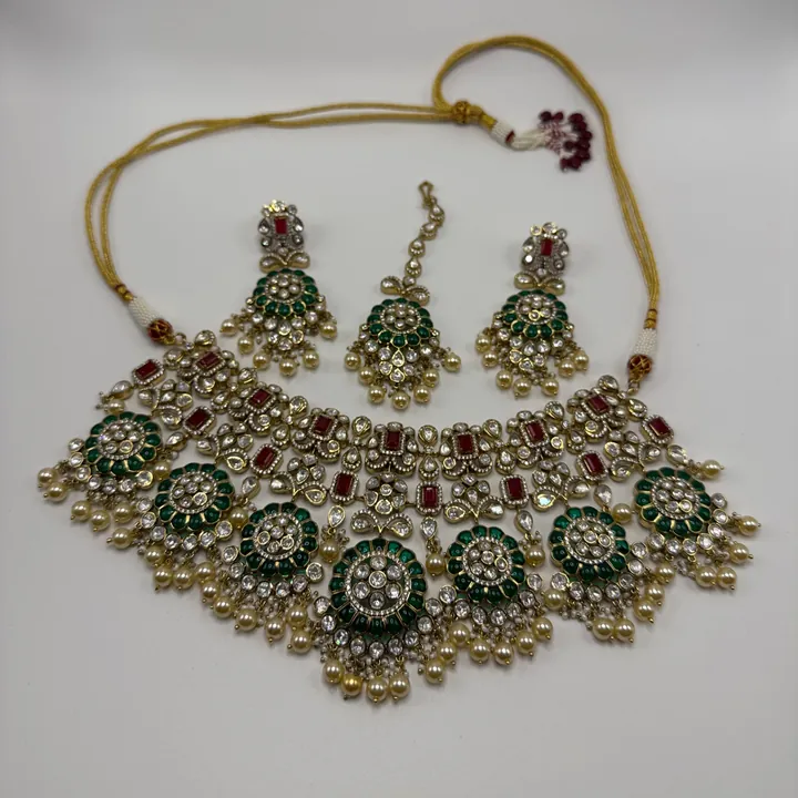 Delicate Green and Red Temple Necklace Set from Desi Girl Gems