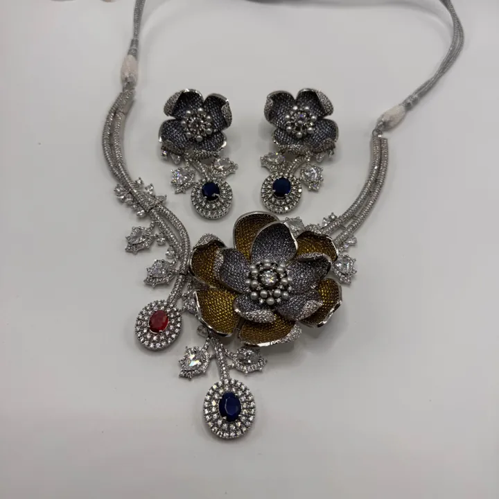 Designer-Inspired Flower American Diamond Blue and Red Necklace Set from Desi Girl Gems