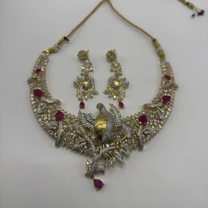 Bird American Diamond Red Necklace Set from Desi Girl Gems