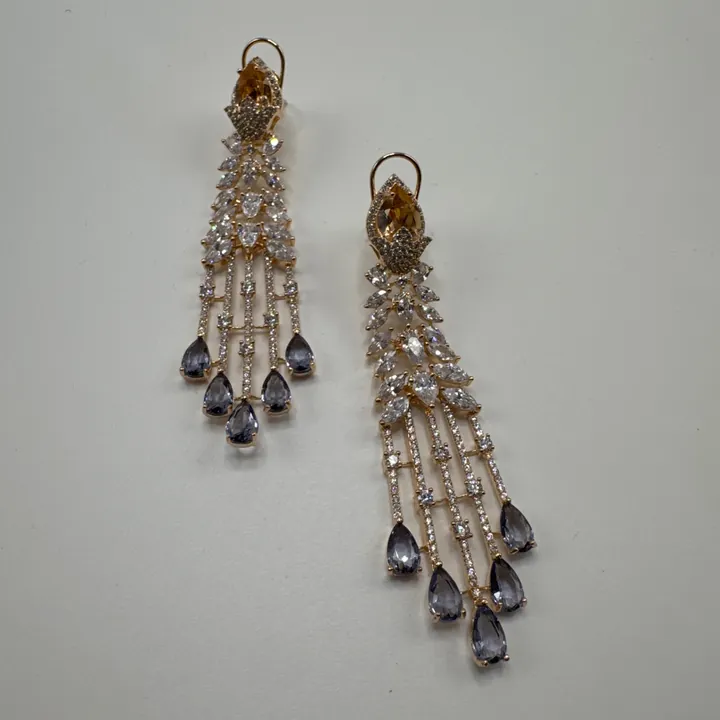 Waterfall Delicate Cubic Zirconia Earrings. Designer inspired. Blue and champagne CZ stones from Desi Girl Gems