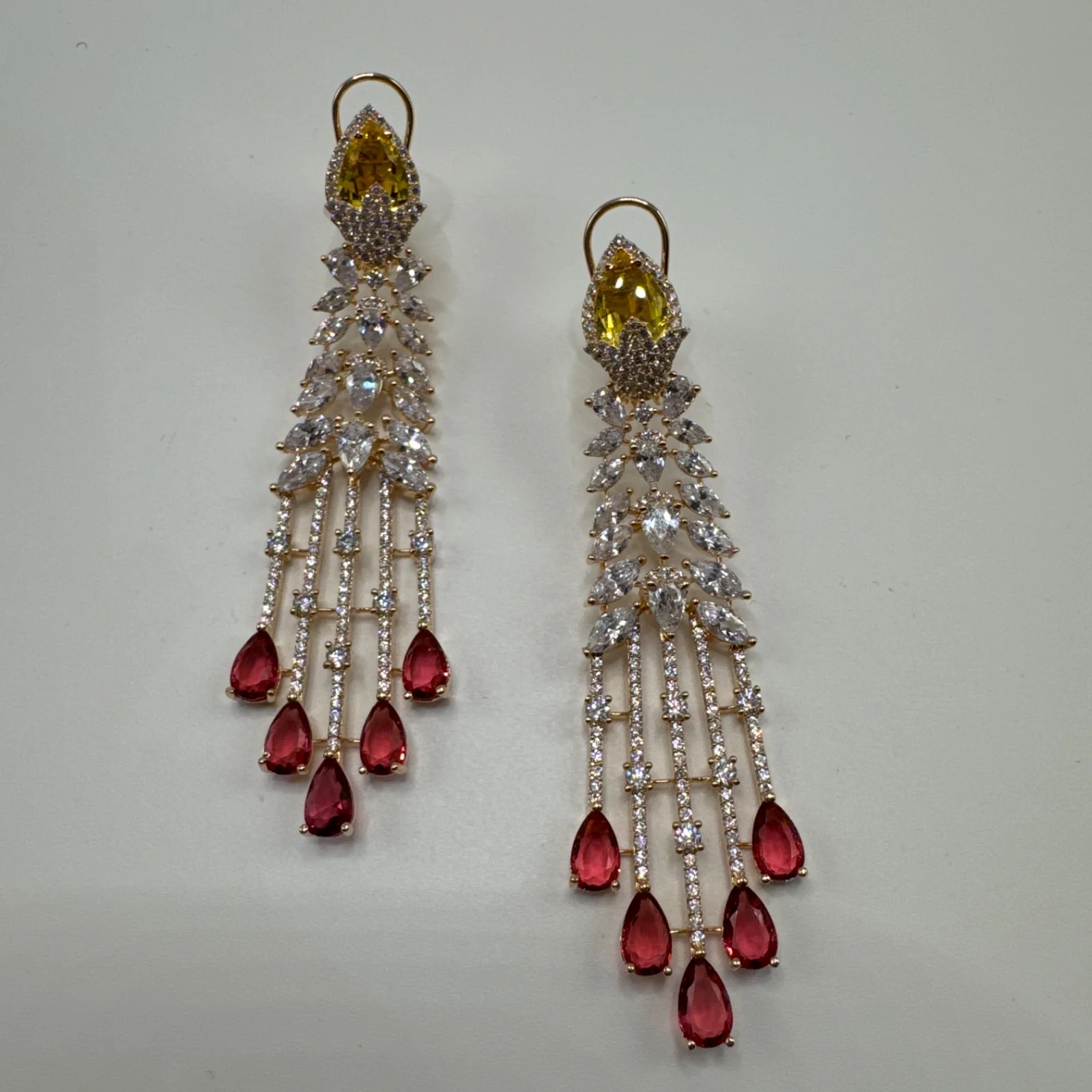 Trending Waterfall American Diamond Earrings. Designer inspired. Yellow and Ruby CZ stones from Desi Girl Gems