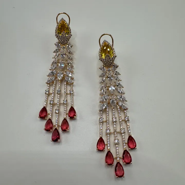 Trending Waterfall American Diamond Earrings. Designer inspired. Yellow and Ruby CZ stones from Desi Girl Gems