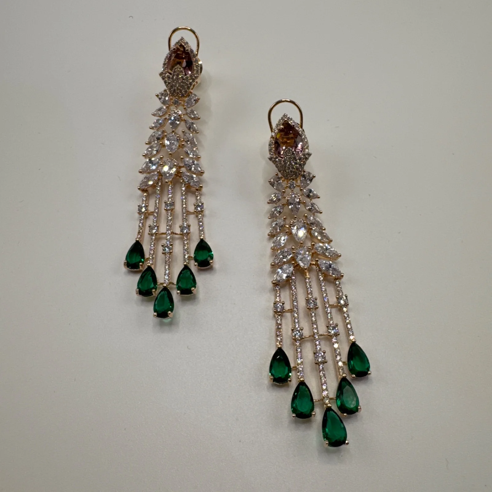 American Diamond Waterfall Earrings. Designer inspired Rodo and green CZ stones from Desi Girl Gems