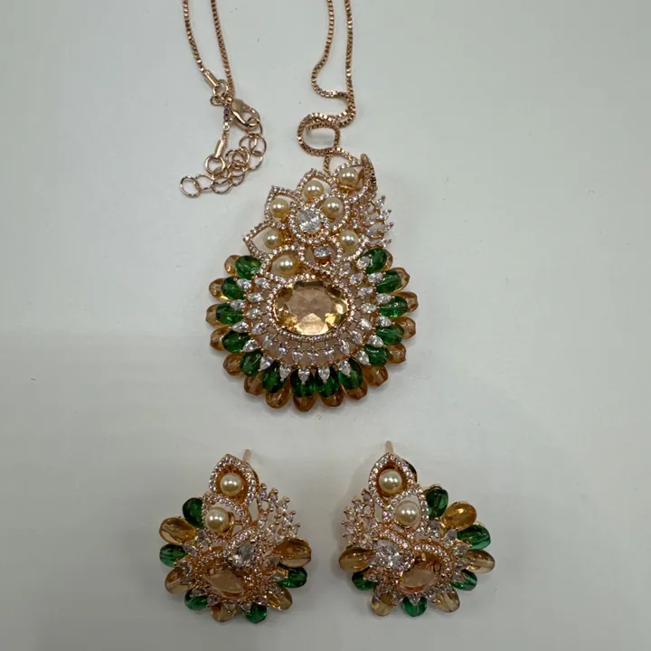 Designer inspired Delicate American Diamond Pendant Sets champagne, and green combination from Desi Girl Gems