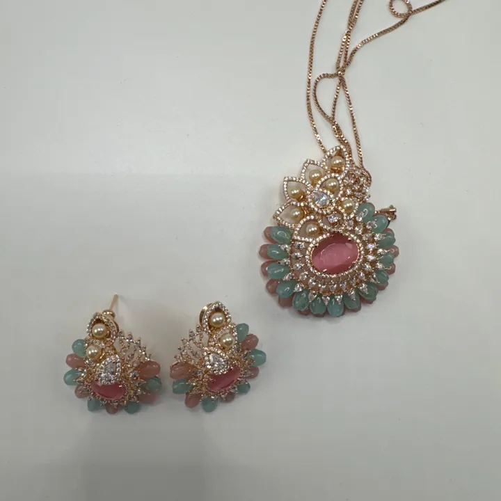Delicate Designer-Inspired Pendant set. Mint and pink combination. from Desi Girl Gems